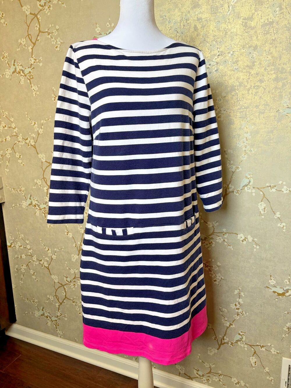 Lilly Pulitzer Irina Dress Navy White Stripe Pink Hem Sz L READ DESCRIPTION